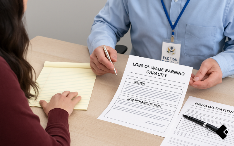 A federal employee reviewing financial and employment documents with an HR specialist to calculate loss of wage-earning capacity under FECA.