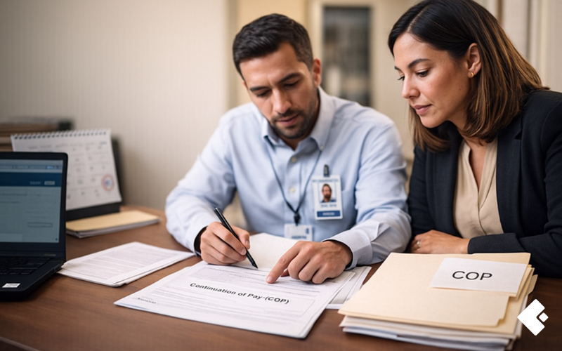 Federal employee reviewing Continuation of Pay (COP) documents with a HR specialist, highlighting FECA traumatic injury pay eligibility.