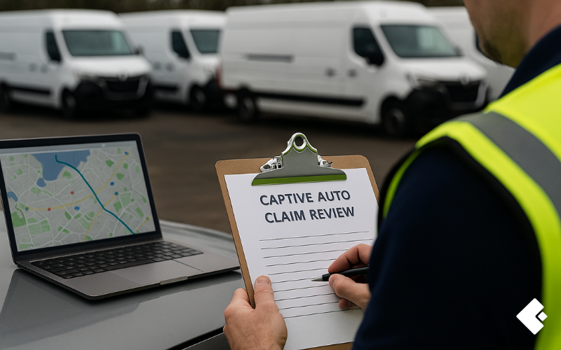 Fleet manager reviewing a Captive Auto claim beside a laptop with a GPS route map; white cargo vans parked in a depot, emphasizing investigation tools.