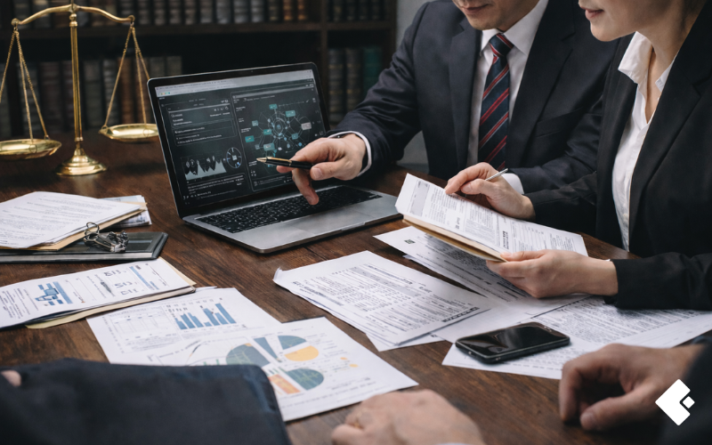 Legal professionals reviewing litigation documents and investigative data to support litigation support services and evidence-based case strategy