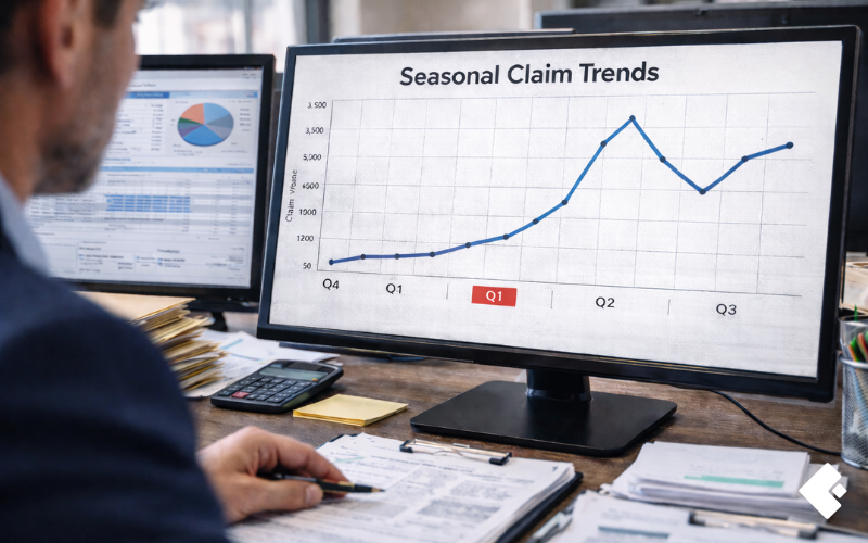 Claims adjuster reviewing seasonal claim trends on a monitor showing quarterly spikes in claim volume