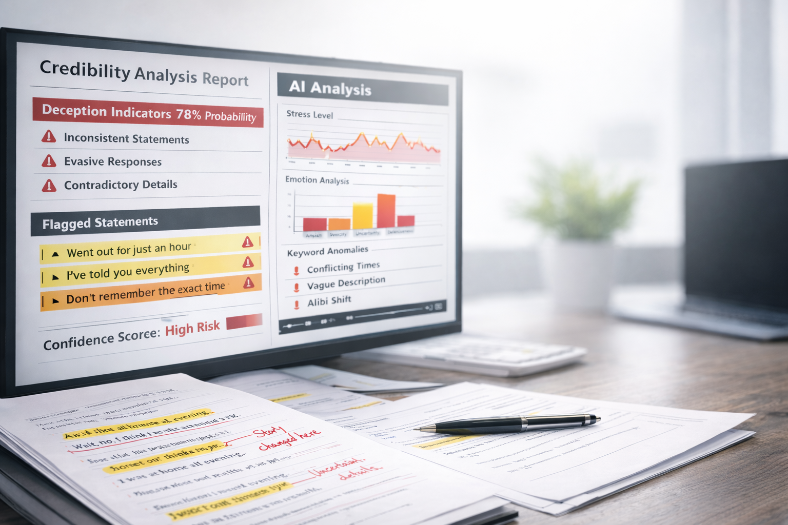 AI powered credibility analysis dashboard reviewing interview transcript data for insurance claims investigations