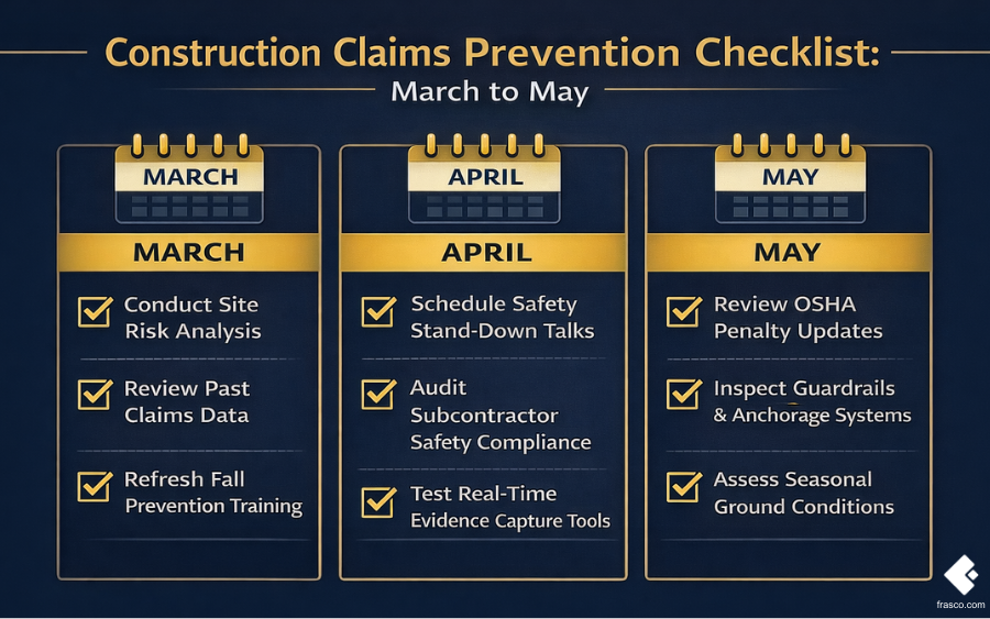 An infographic showing 2026 construction safety trends by quarter including projected claim volumes, seasonal hazard spikes, OSHA regulatory changes, and cost impacts for risk and claims professionals.