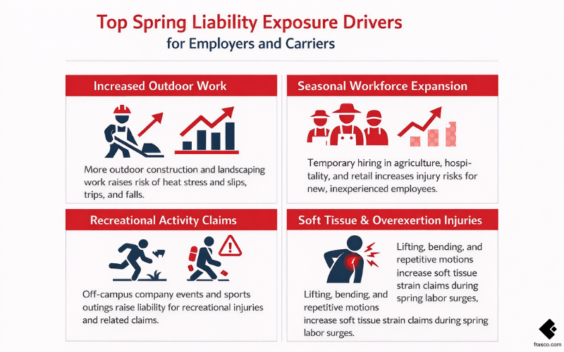 An infographic showing the top four spring liability exposure drivers for insurance carriers and employers including increased outdoor work, seasonal workforce expansion, recreational activity claims, and soft tissue injuries