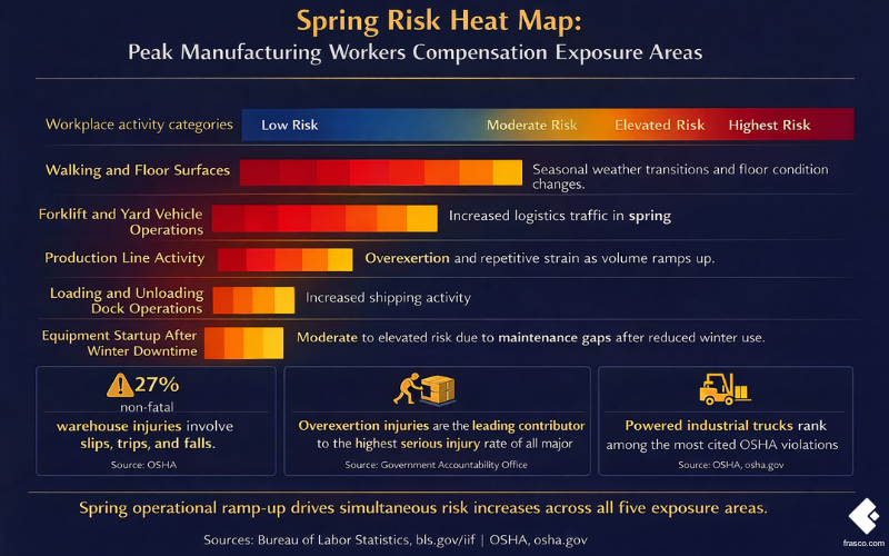 An infographic showing the spring risk heat map for manufacturing workers compensation claims, highlighting slips and falls, forklift incidents, and overexertion as peak exposure areas in warehouse and manufacturing operations.