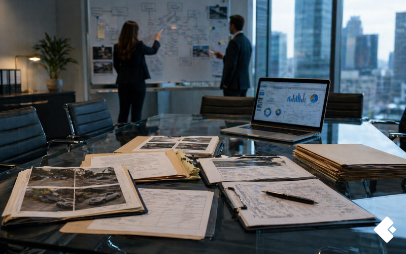 A modern insurance claims management operations center showing open claim files, a digital claims dashboard, and a workflow diagram representing evidence-driven investigative practices for cost control in 2026.