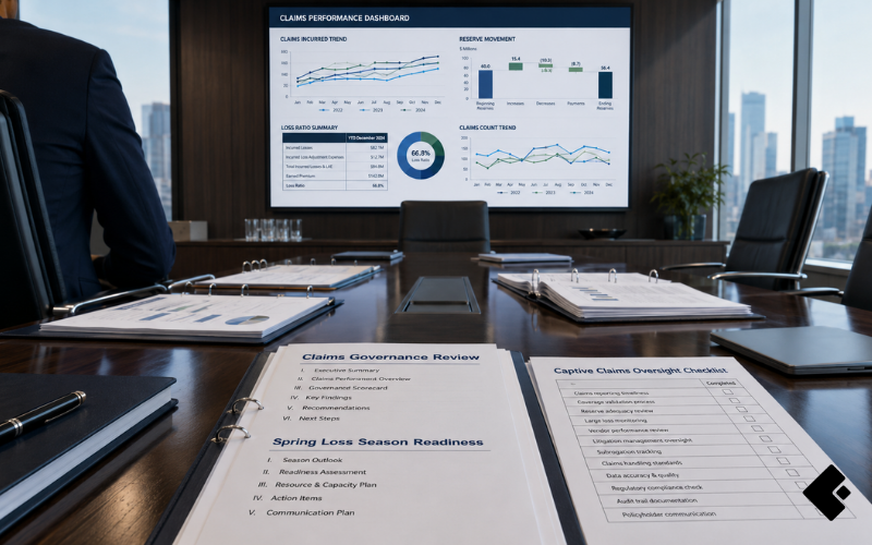 A corporate boardroom showing captive insurance program claims governance documents, a performance dashboard, and a spring loss season readiness checklist representing proactive claims oversight strategy for captive owners and managers in 2026.