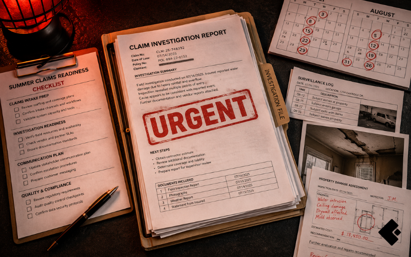 A close-up editorial image showing insurance claims investigation documents including an urgent stamped claim file, a summer claims readiness checklist, field evidence reports, and a July August calendar representing proactive claims risk management before the 2026 summer surge.