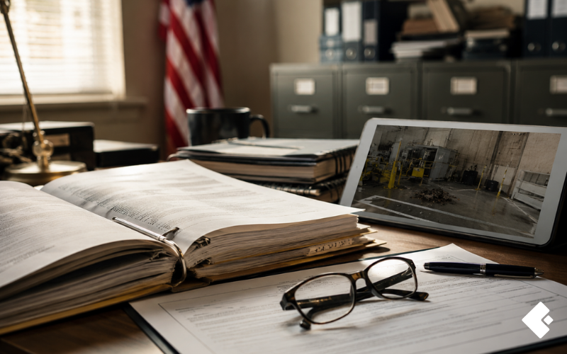 A federal claims investigator's desk showing an open workplace injury claim file and incident report under review, representing the administrative investigation process used to verify FECA performance of duty and claim compensability.