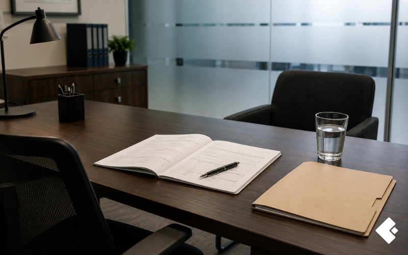 A private office interview setting with a structured interview document, a confidential case folder, and a chair positioned across the desk, representing the formal and impartial process of independent workplace investigations conducted by third-party professionals in 2026.