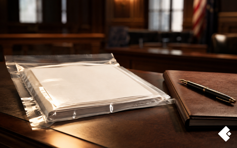 A sealed evidence file resting beside a legal folder in a law office, representing defensible evidence prepared to withstand scrutiny under evolving privacy rules in 2026.
