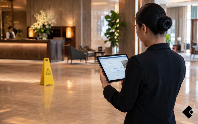 A hotel common area with a wet-floor caution sign and a risk professional reviewing an incident report, representing slip and fall claims investigation in hospitality during peak season 2026.