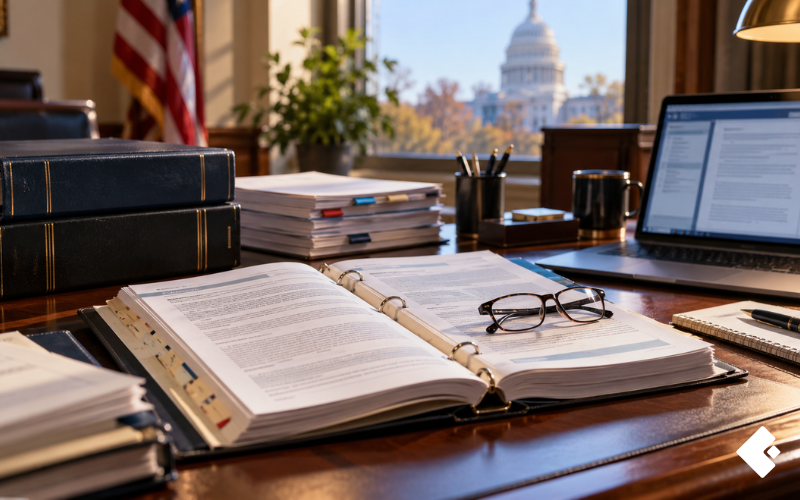 An open FECA Procedure Manual anchoring a federal office desk surrounded by regulations, bulletins, and reference tools, representing the core resources every agency specialist relies on for accurate FECA case handling in 2026.