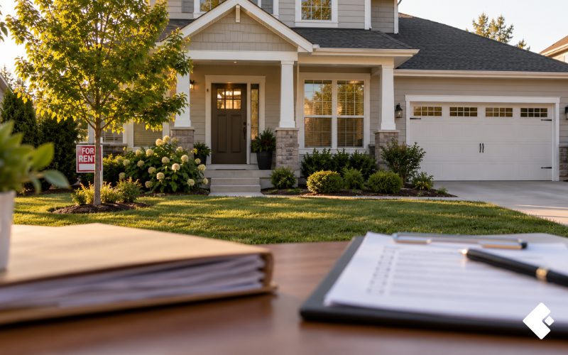 A suburban home with a partly visible for-rent sign beside a mortgage file and occupancy checklist, representing occupancy misrepresentation and mortgage loan fraud risk that lenders catch before year-end audits in 2026.